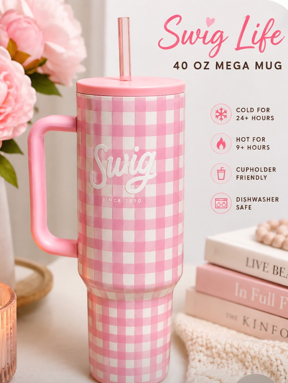 Swig Life Pink Gingham Checkered Insulated Travel Tumbler Mug With Straw